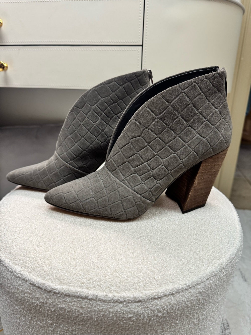 Vince Camuto Gray Quilted Suede Pointed Ankle Booties